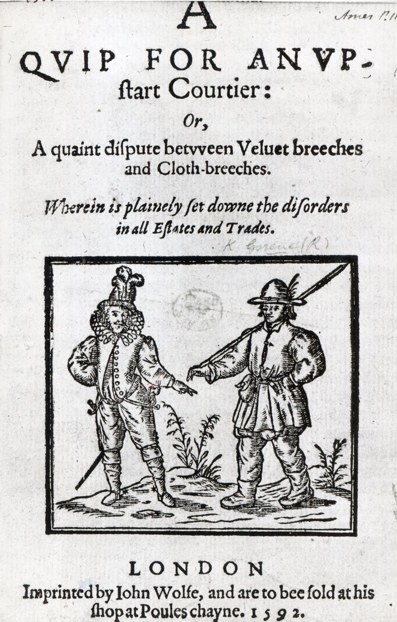 Page de titre de A Quip for an Upstart Courtier par Robert Greene, 1592 - English School