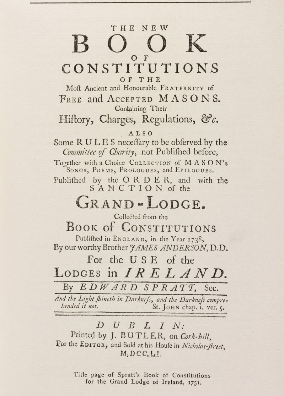 Page de titre du Livre des Constitutions de Spratt pour la Grande Loge en Irlande, 1751 - English School