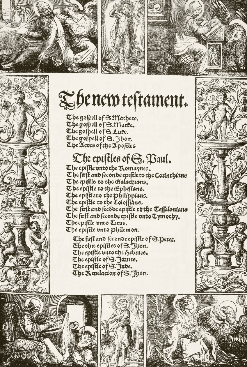 Page de titre du Nouveau Testament de William Tyndale, imprimé dans les années 1530, tirée de The National and Domestic History of England par William Hickman Smith Aubrey, publié à Londres vers 1890 - English School
