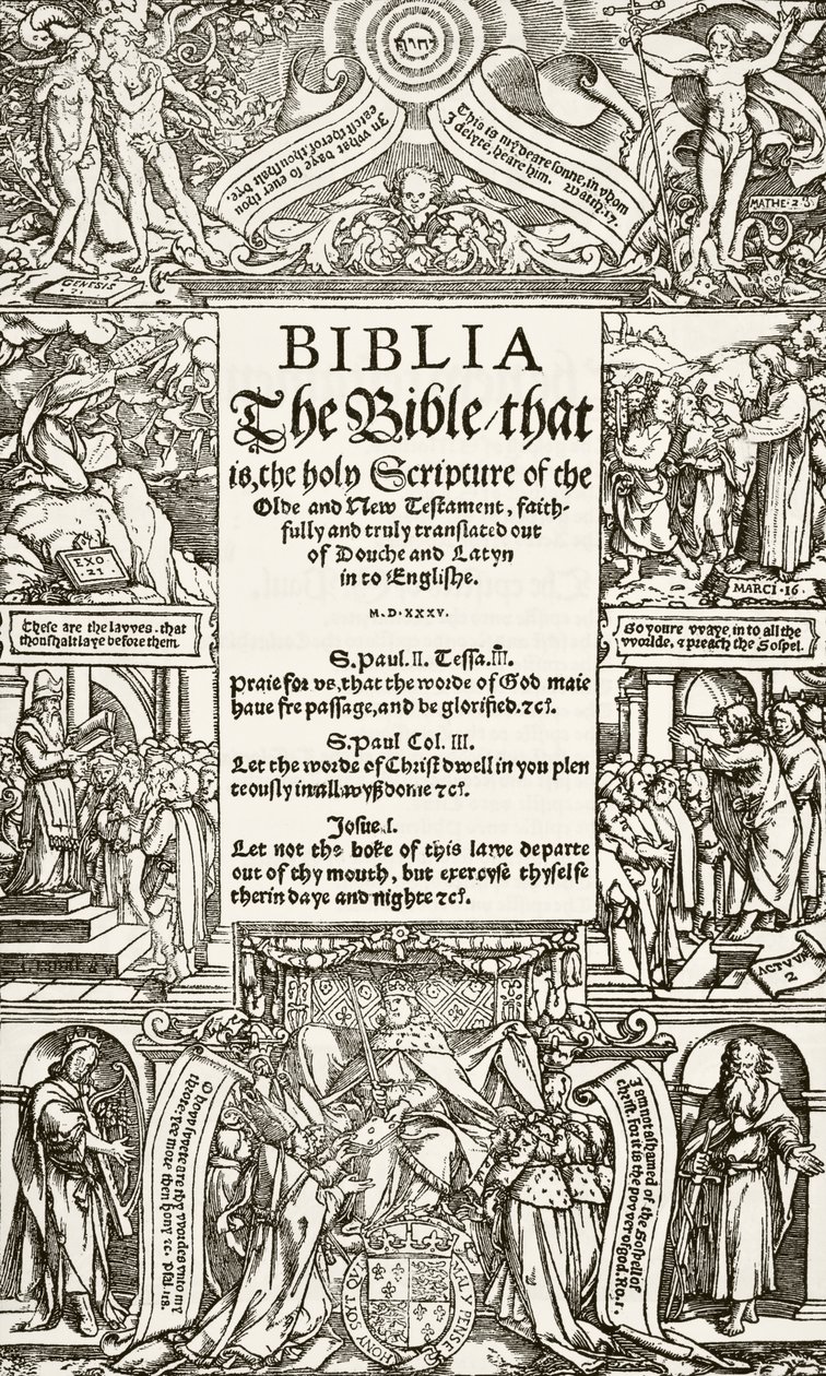 Page de titre de la Bible de Coverdale, imprimée en 1535, tirée de The National and Domestic History of England par William Hickman Smith Aubrey, publié à Londres vers 1890 - English School