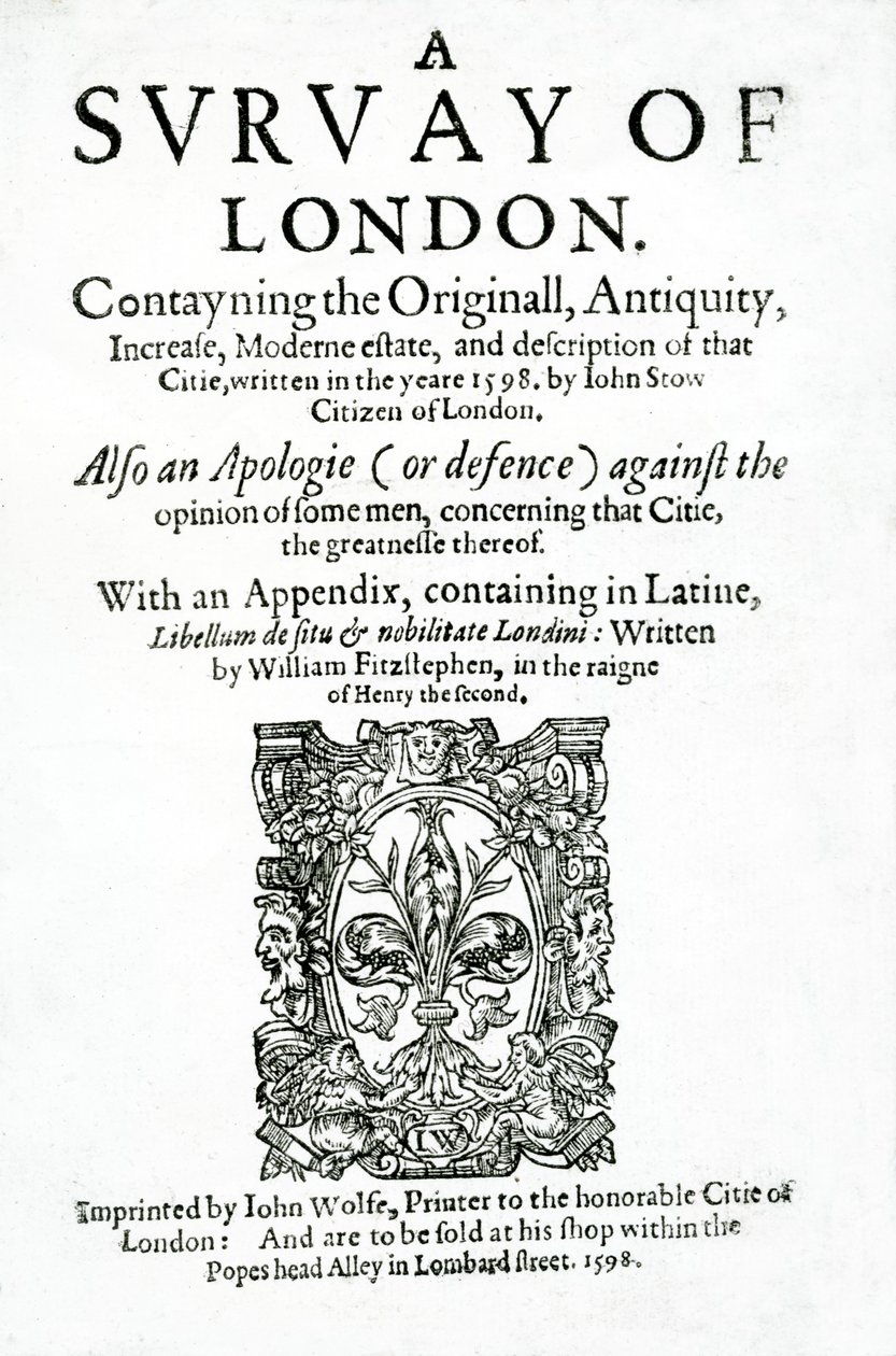 Page de titre de A Survey of London par John Stow, publiée en 1598 - English School