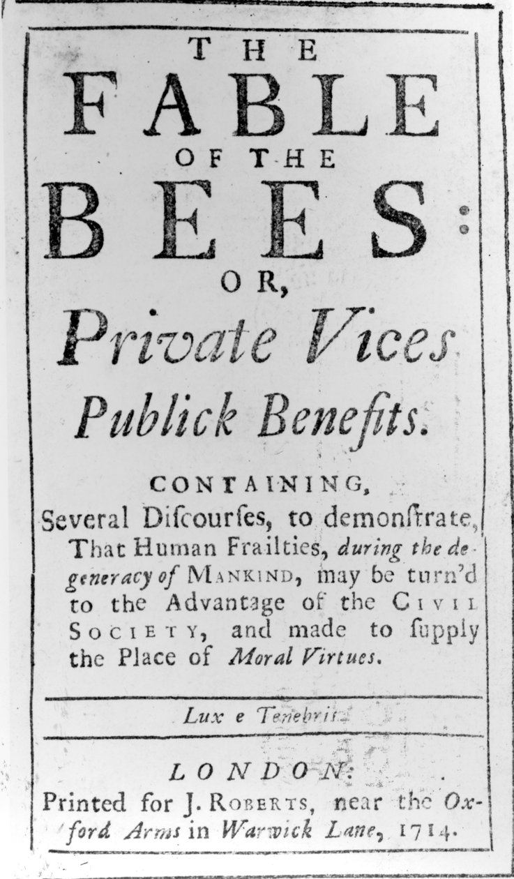Page de titre pour The Fable of the Bees par Bernard de Mandeville, 1714 - English School