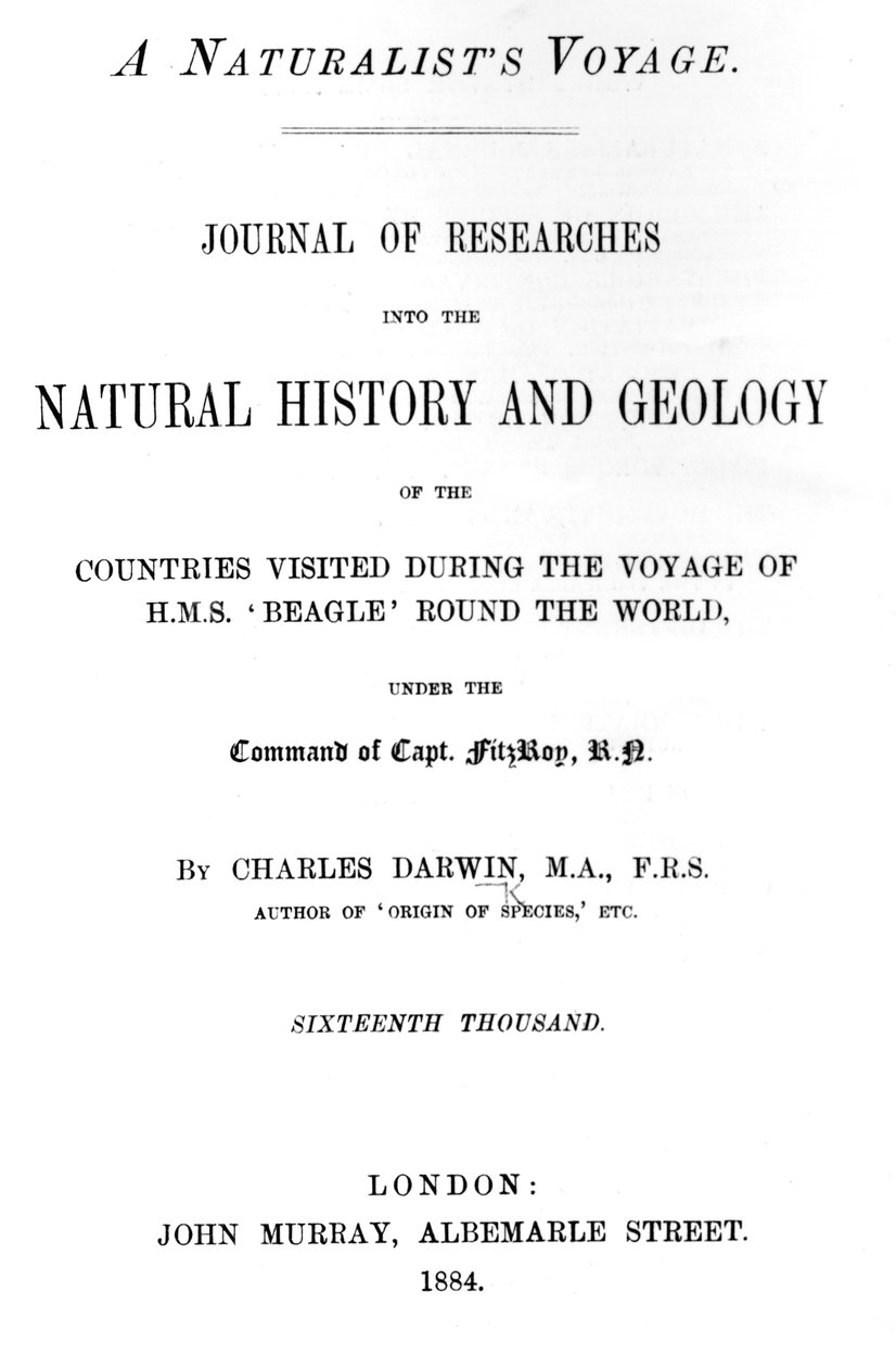 Page de titre de A Naturalists Voyage Around the World par Charles Darwin, édition publiée en 1884 - English School