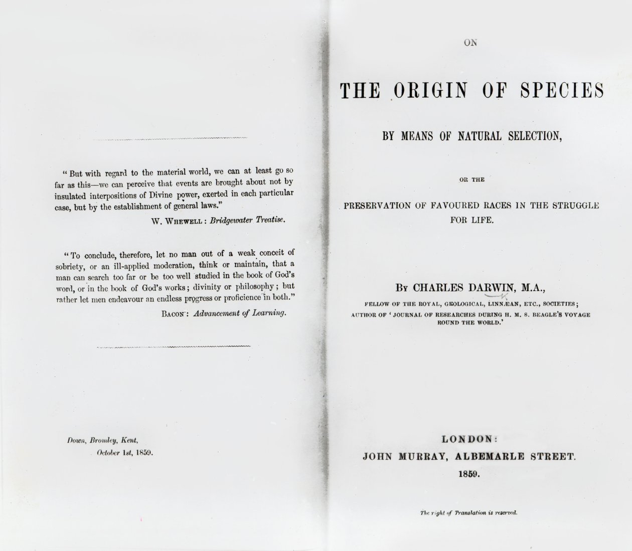 Page de titre de On the Origin of Species par Charles Darwin, publié en 1859 - English School