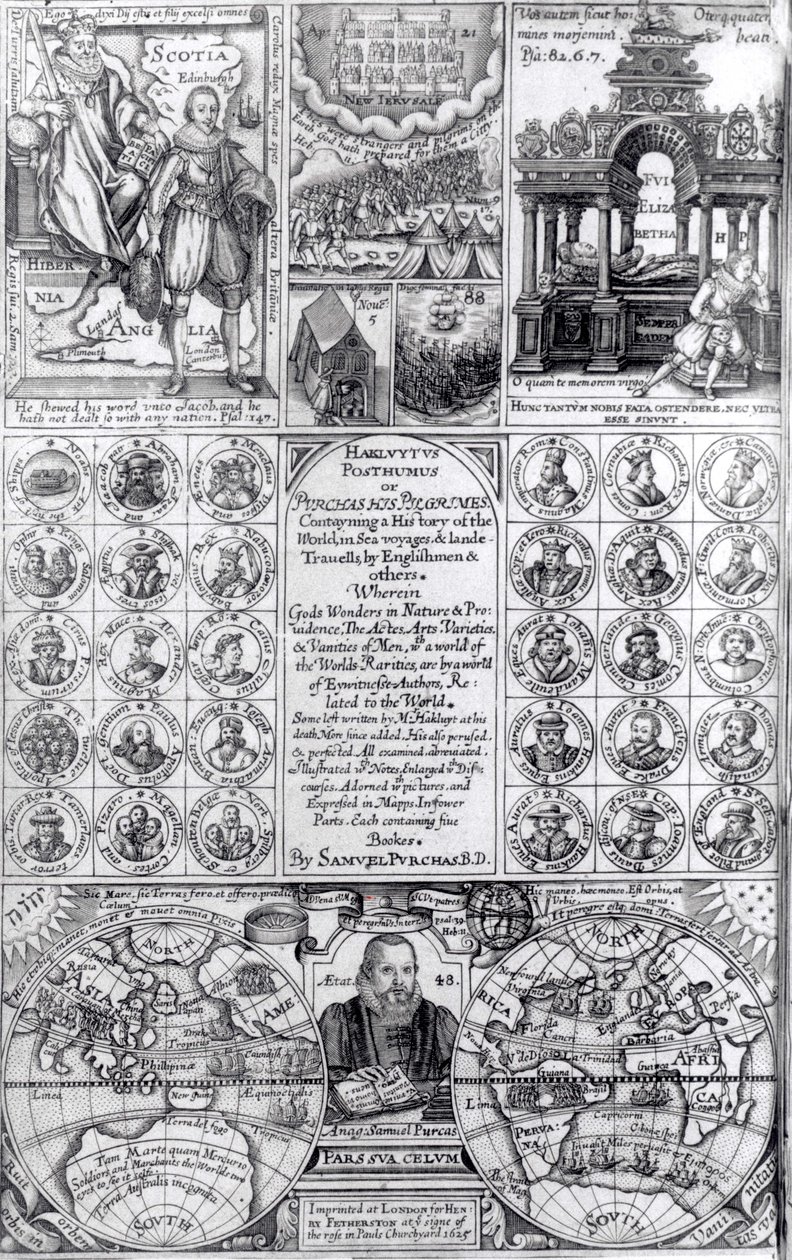 Page de titre de la première édition de Hakluytus Posthumus or Purchas His Pilgrimes, publié en 1625 - English School