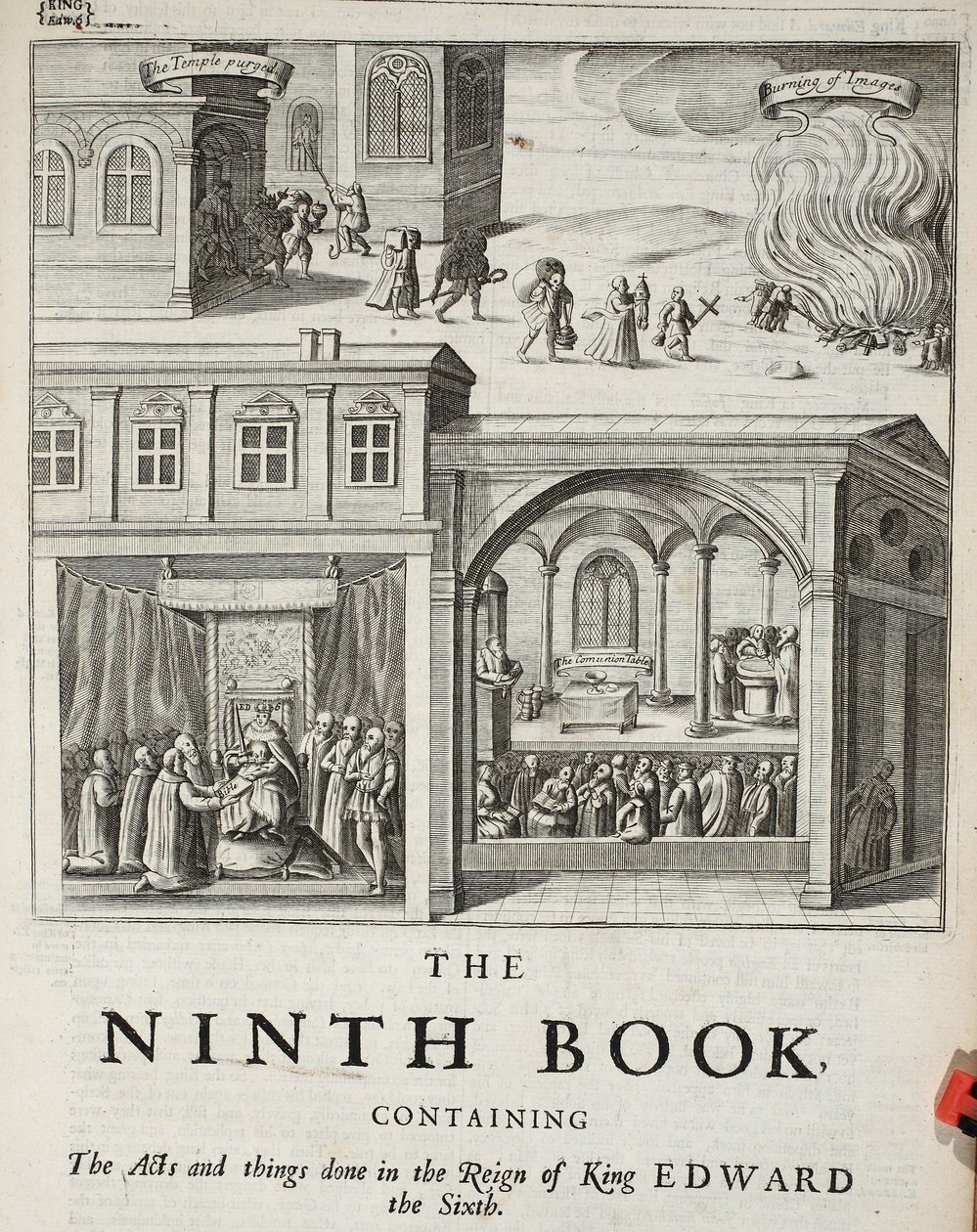 Page de titre du neuvième livre, illustration des Actes et Monuments de John Foxe, neuvième édition, pub. 1684 - English School