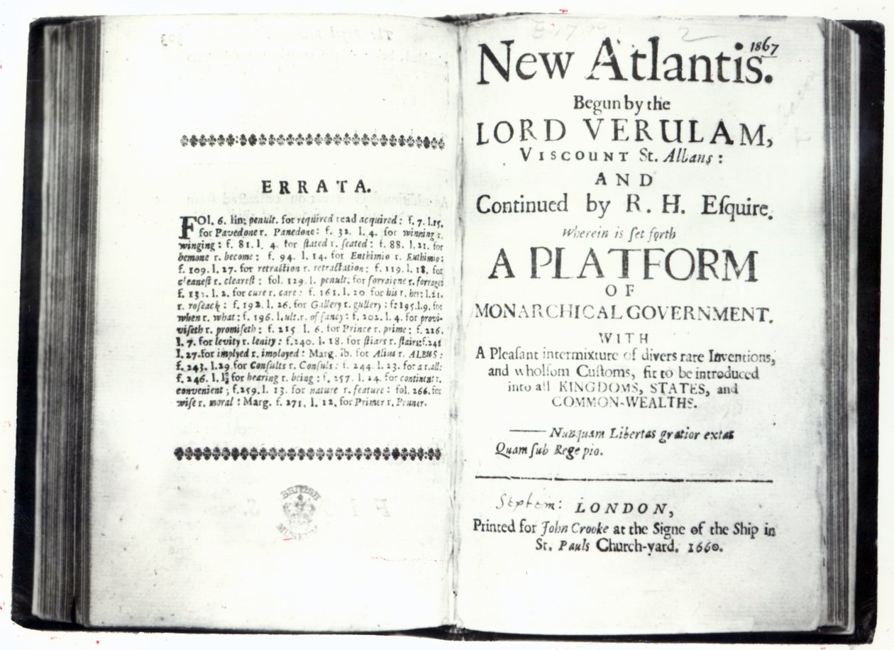 Pages de titre de New Atlantis de Francis Bacon, édition publiée en 1660 - English School