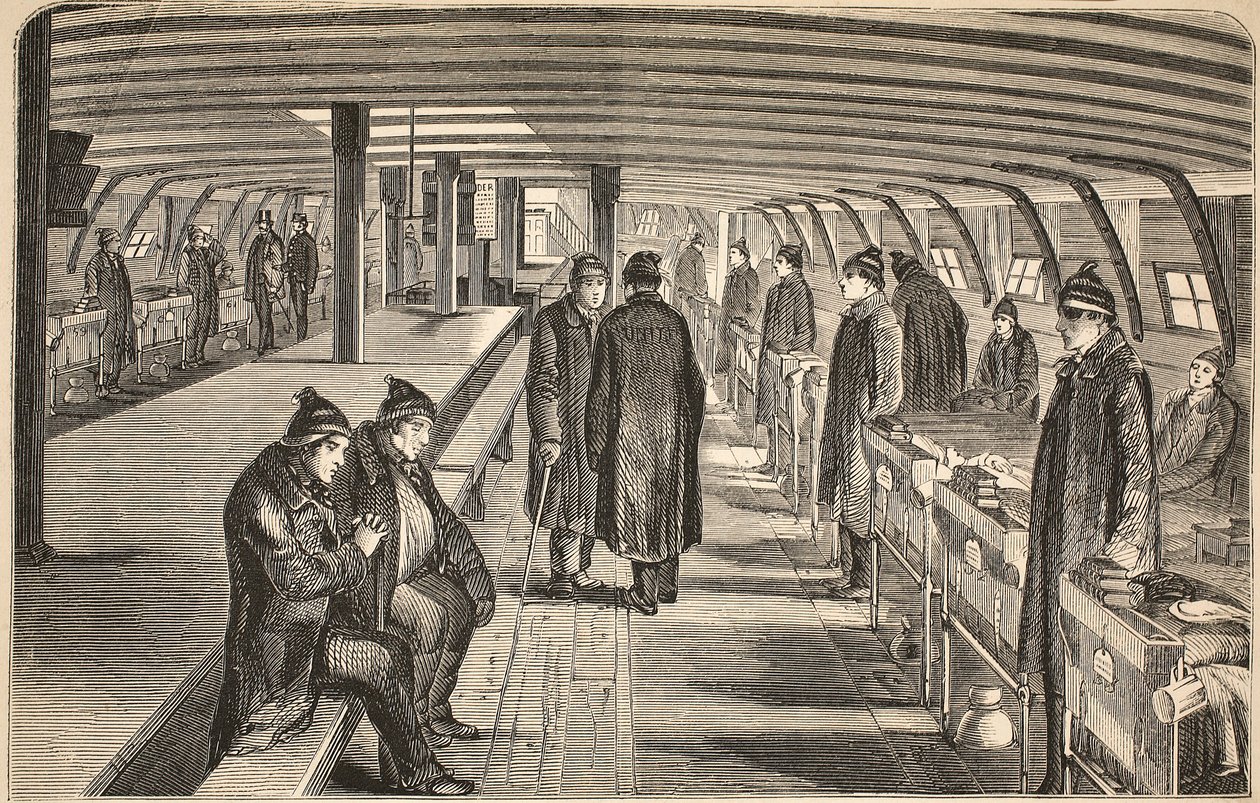 Pont supérieur du navire-hôpital Unite, attaché aux hulks à Woolwich, illustration de The Criminal Prisons of London and Scenes from Prison Life par Henry Mayhew et John Binny, pub. 1862 (gravure) - English School