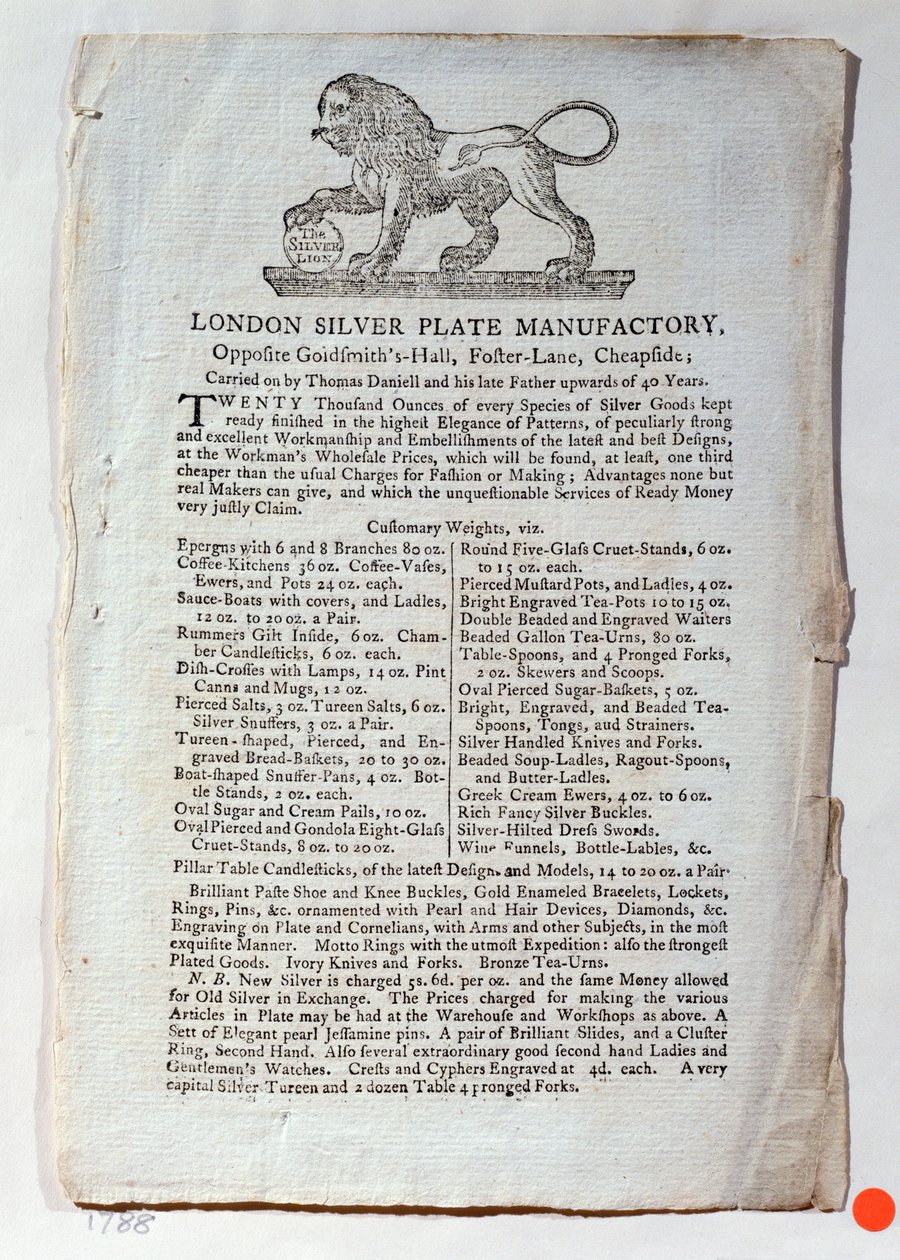 Carte de visite pour la London Silver Plate Manufactory, 1788 - English School