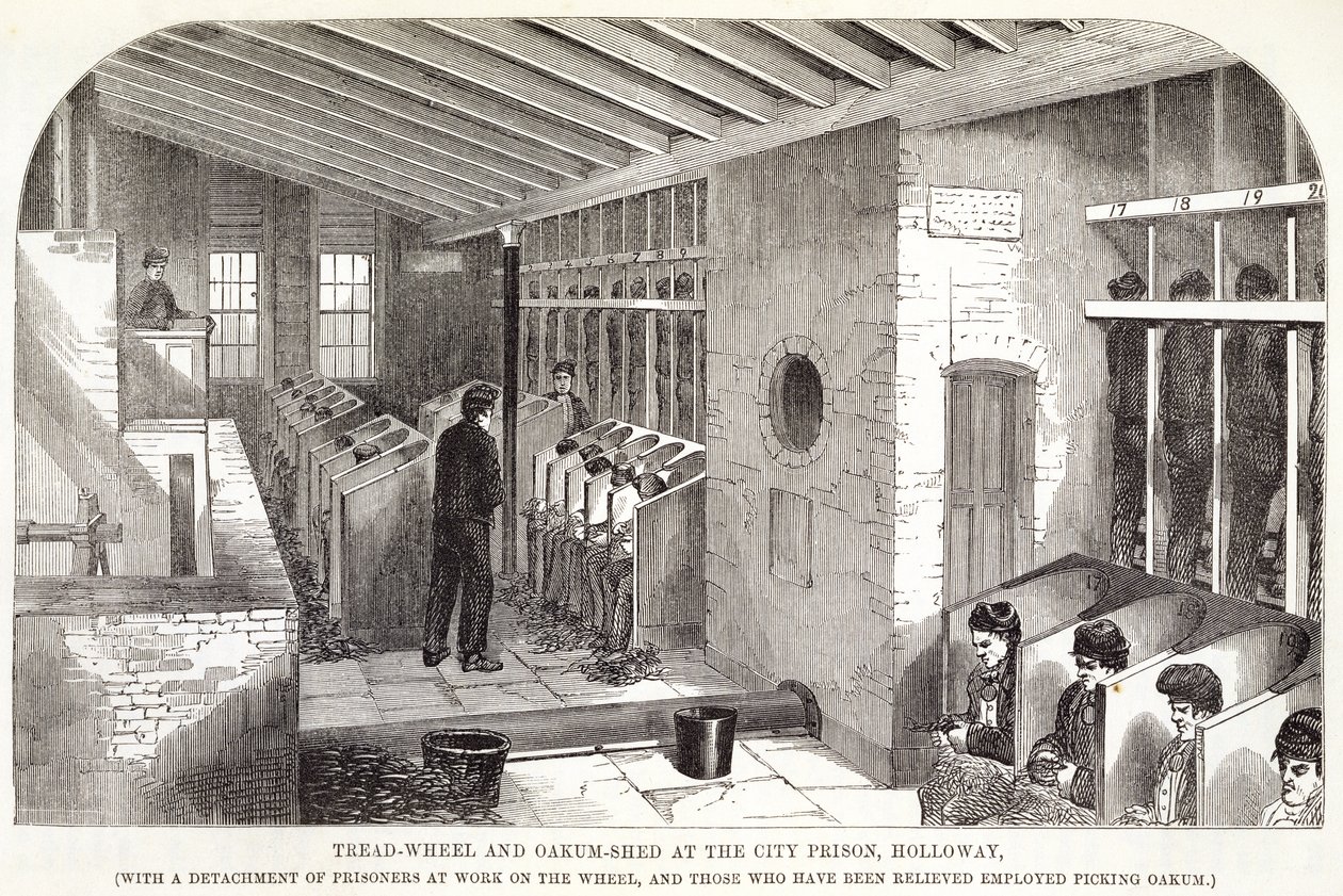 Roue à aubes et hangar à chêne à la prison de la ville, Holloway, extrait de The Criminal Prisons of London and Scenes of Prison Life par Henry Mayhew et John Binny, 1862 - English School