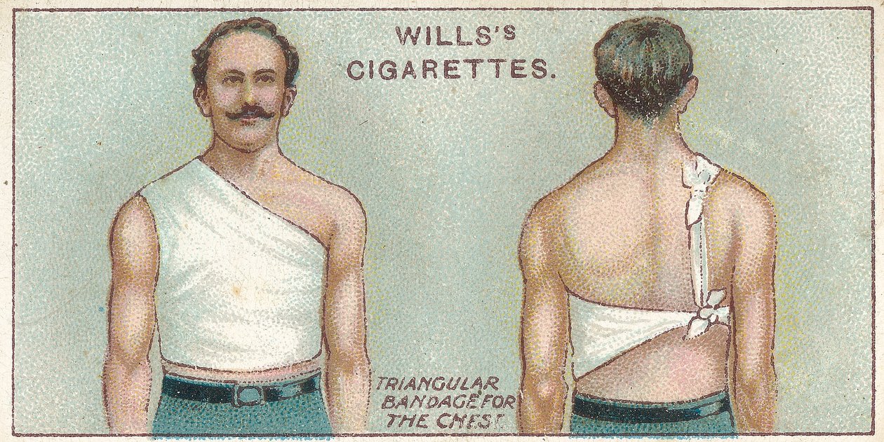 Bandage triangulaire pour la poitrine, no. 37 de la série Premiers Secours des cartes de cigarettes Willss, 1913 - English School