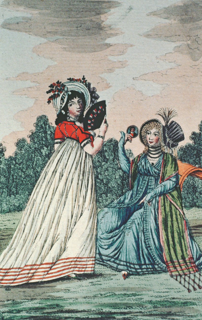 Deux dames à la mode dans un jardin, vers 1800 (gravure en couleur) - English School