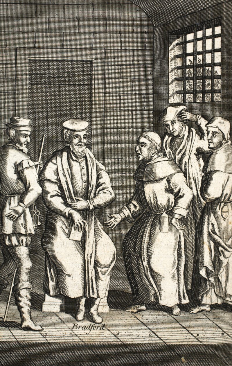 Deux frères espagnols parlant avec M. Bradford, illustration des Martyrs de Foxe vers 1703 - English School