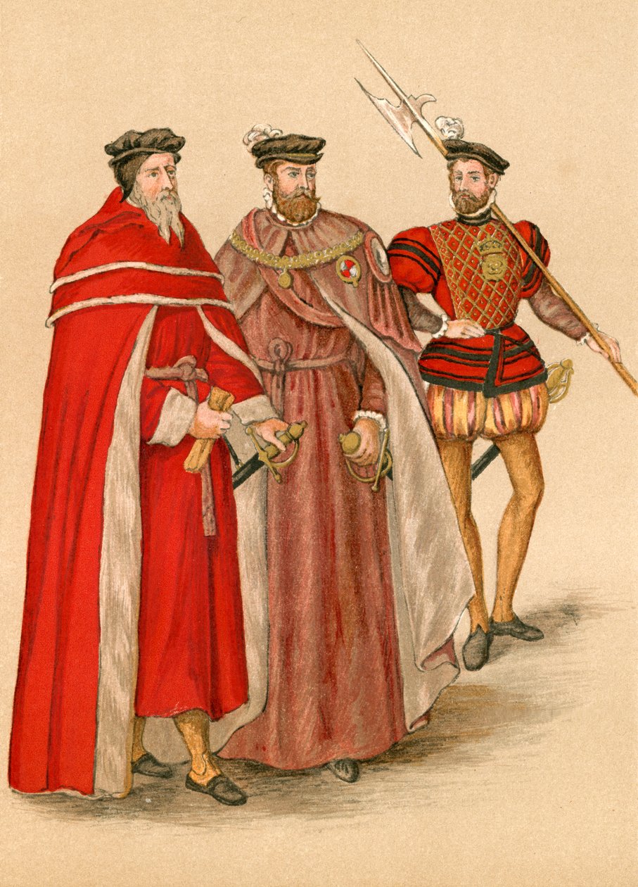 Deux pairs en robe et un hallebardier (lithographie couleur) - English School
