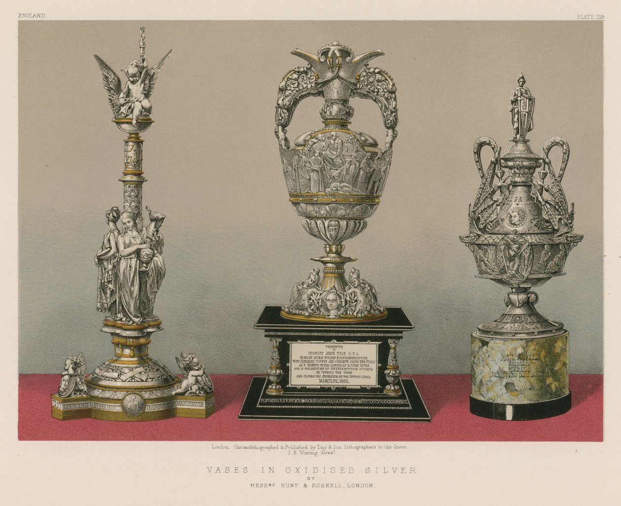 Vases en argent oxydé de MM. Hunt et Roskell, Londres (chromolitho) - English School