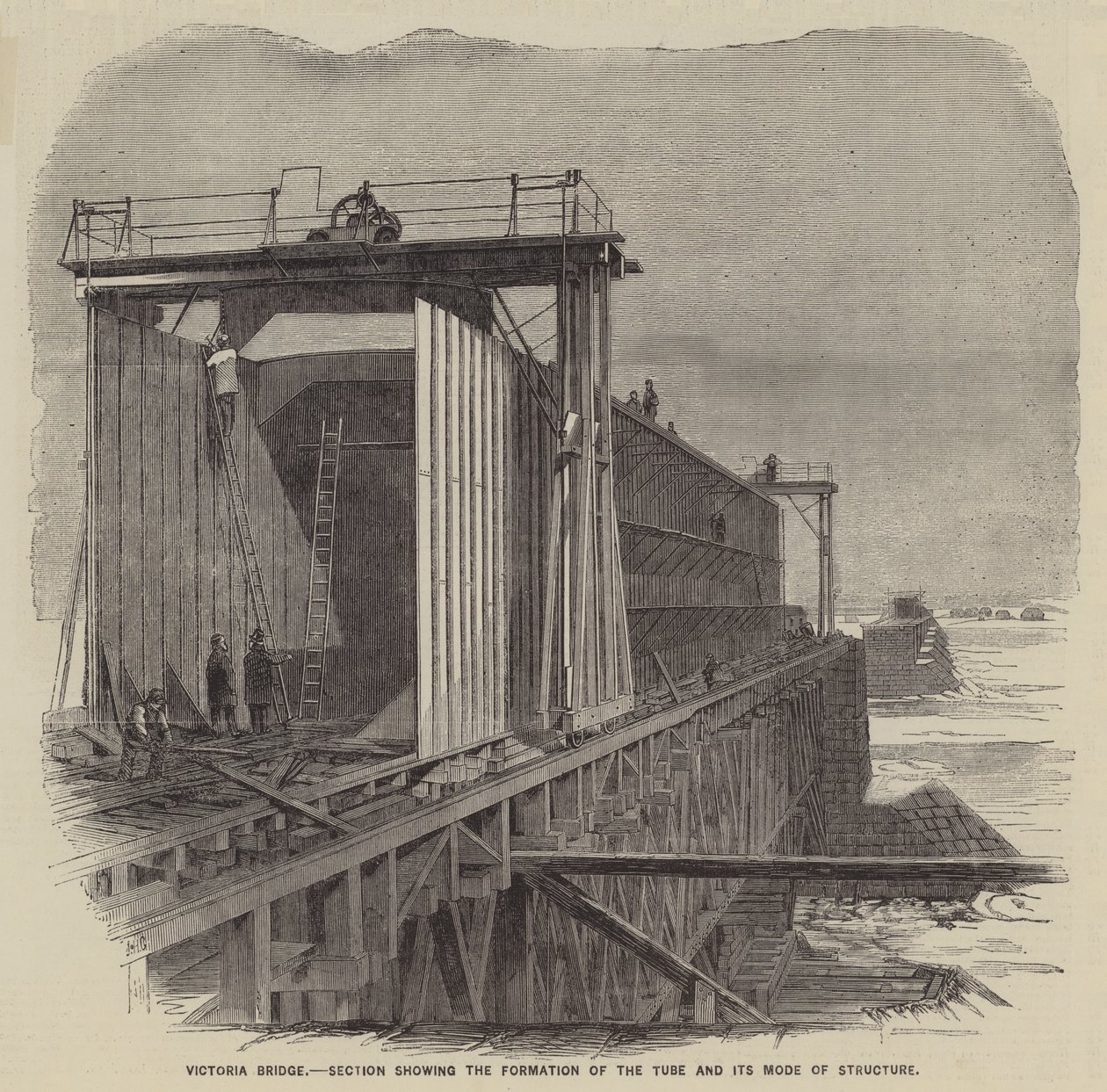 Pont Victoria, section montrant la formation du tube et son mode de structure (gravure) - English School