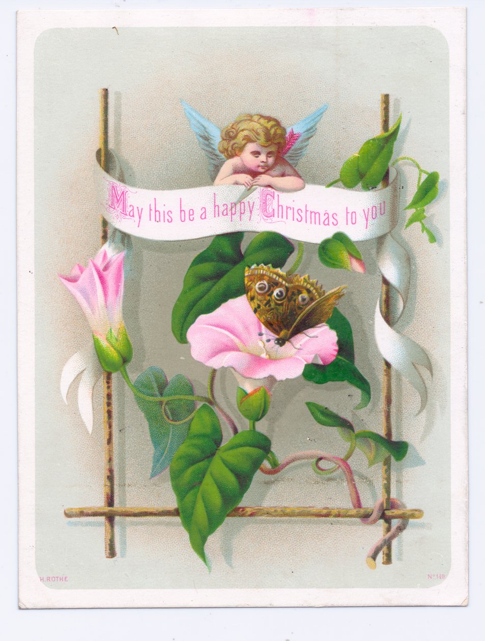 Carte de Noël victorienne représentant un cupidon regardant un papillon sur une fleur rose, vers 1880 (lithographie en couleurs) - English School