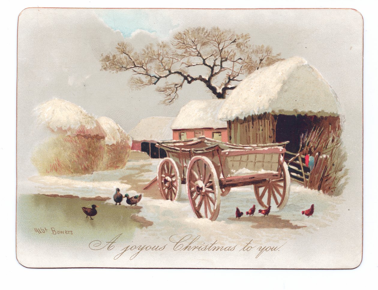 Carte de Noël victorienne avec des canards et des poules près d