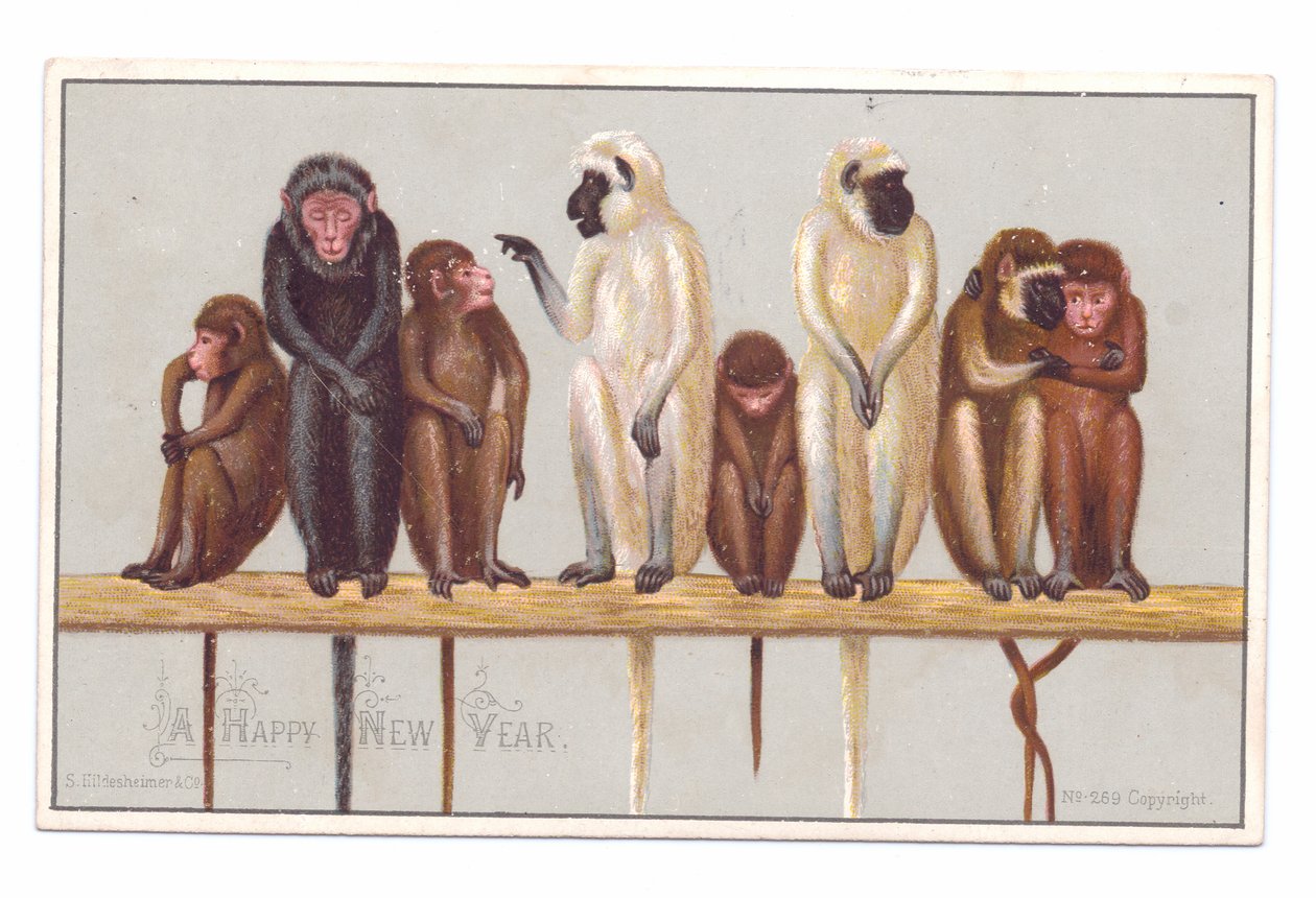 Carte de vœux victorienne du Nouvel An avec huit singes sur un rebord, vers 1880 - English School