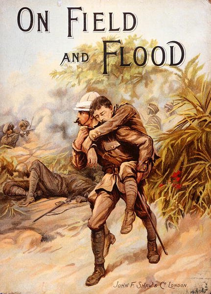 Couverture de livre victorien représentant le chirurgien-capitaine Whitchurch remportant la V.C. en portant le capitaine Baird blessé en lieu sûr sous un feu nourri lors de la campagne de Chitral, Inde, mars 1895 - English School