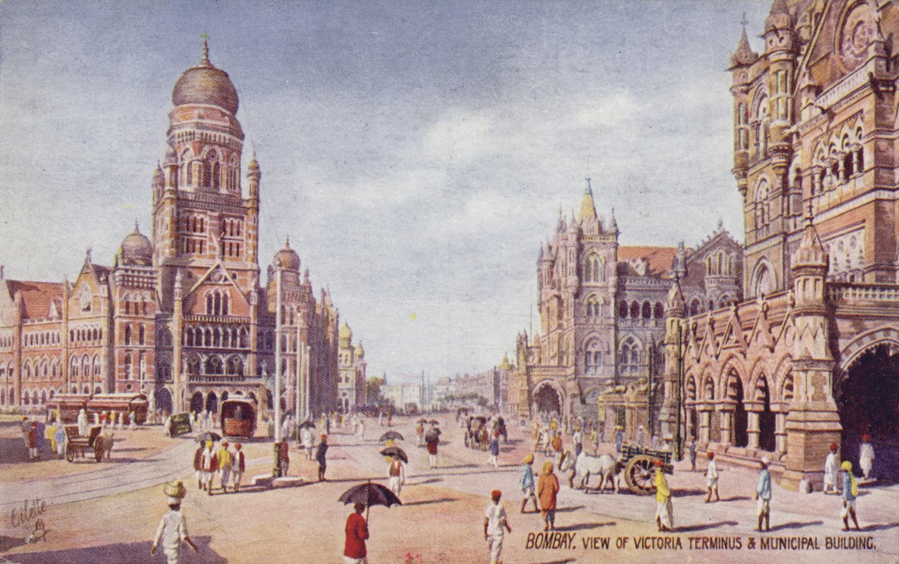 Vue de Victoria Terminus et du bâtiment municipal, Bombay (lithographie couleur) - English School