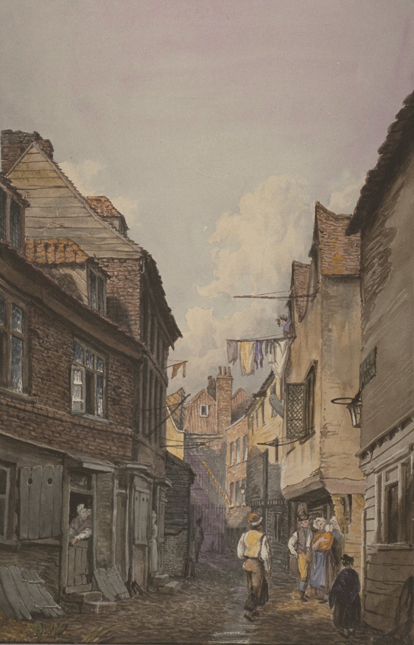 Vue de personnages dans Glean Alley, Bermondsey, vers 1825 - English School