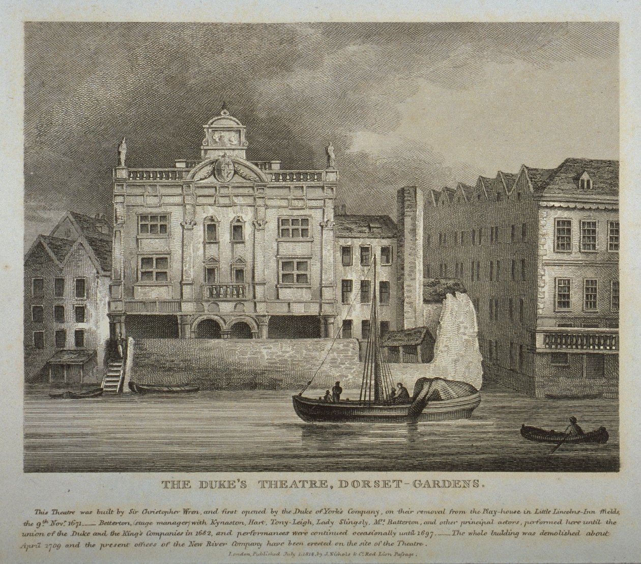 Vue du théâtre des ducs, Dorset Gardens, depuis la Tamise, 1814 - English School