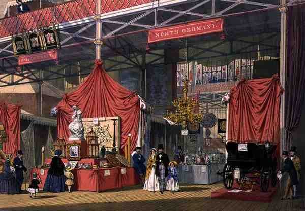 Vue du stand des instruments de musique Klier et Fils, dans la section nord-allemande de la Grande Exposition de 1851, de 
