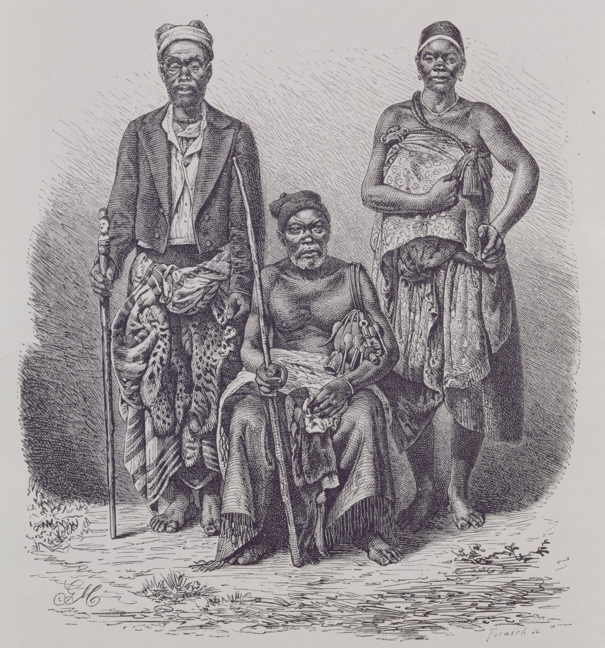 Chef de village de la côte de Loango, avec femme et dignitaire, gravé d