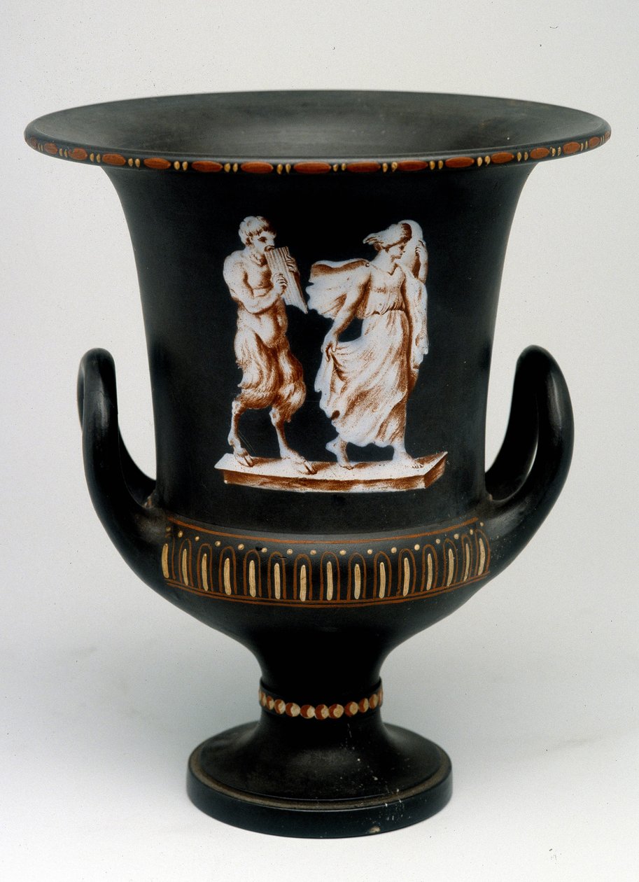 Vase Wedgwood représentant une jeune fille et un satyre en céramique noire peint « à l