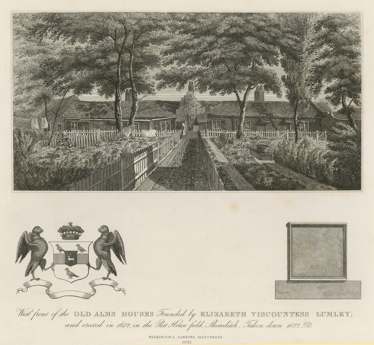 Façade ouest des anciennes aumônes fondées par Elizabeth Viscountess Lumley (gravure) - English School