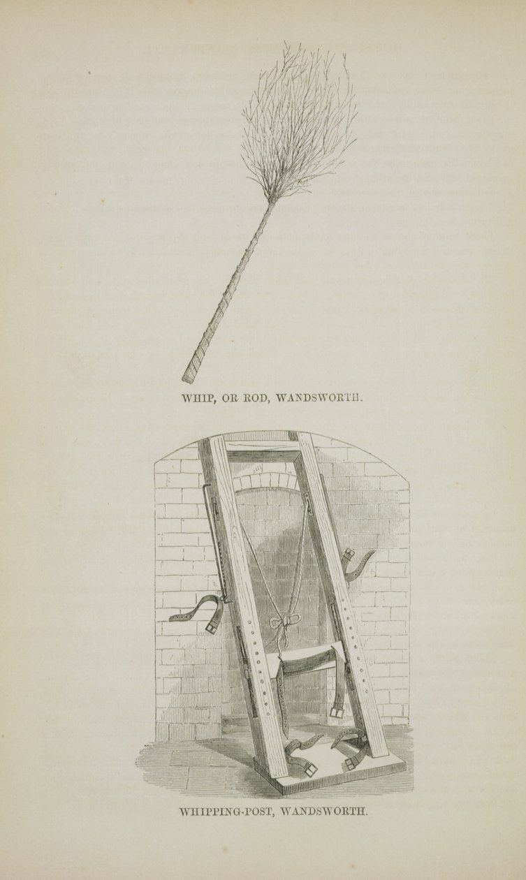 Fouet ou verge et poteau de flagellation à Wandsworth, extrait de The Criminal Prisons of London and Scenes of Prison Life par Henry Mayhew et John Binny, 1862 - English School
