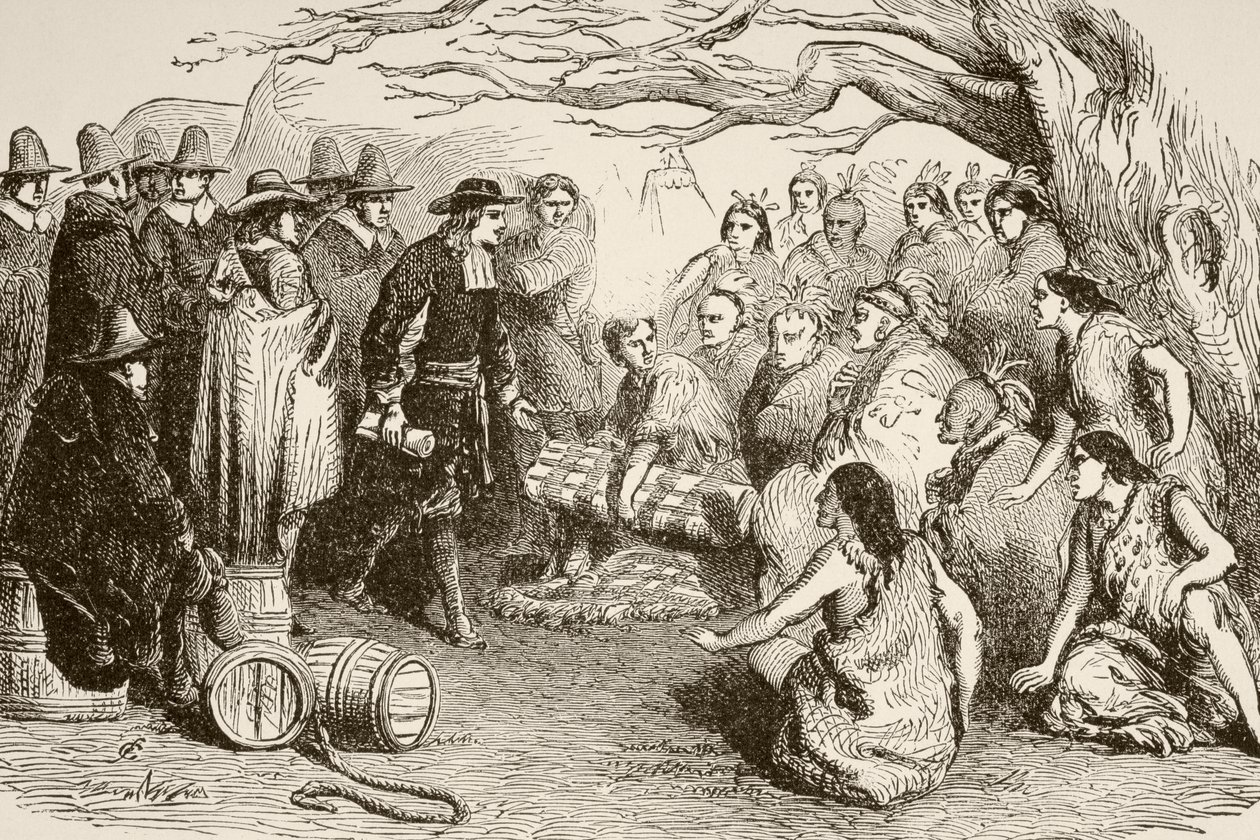 William Penn fait un traité avec les Indiens Delaware ou Lenape en 1682 - English School