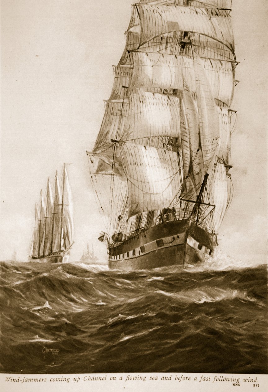 Voiliers remontant le canal sur une mer agitée et avec un vent arrière rapide, 1914-19 - English School