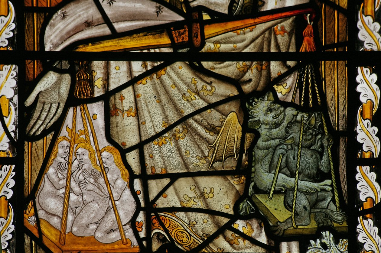 Fenêtre Na représentant les balances de Saint Michel avec le diable et des âmes dans les balances - English School