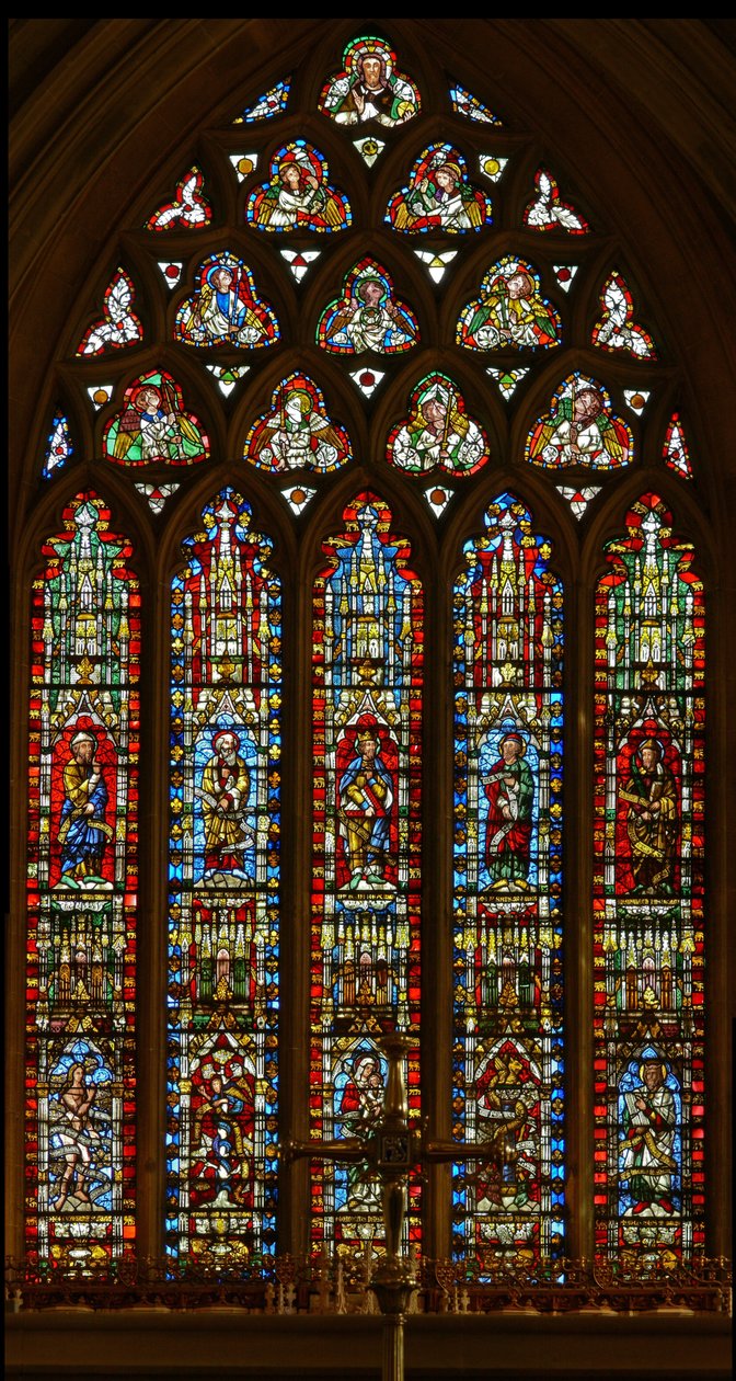 Fenêtre e-1 représentant Noé, Abraham, David, Isaïe et Malachie; Ève, le Serpent, la Vierge et l