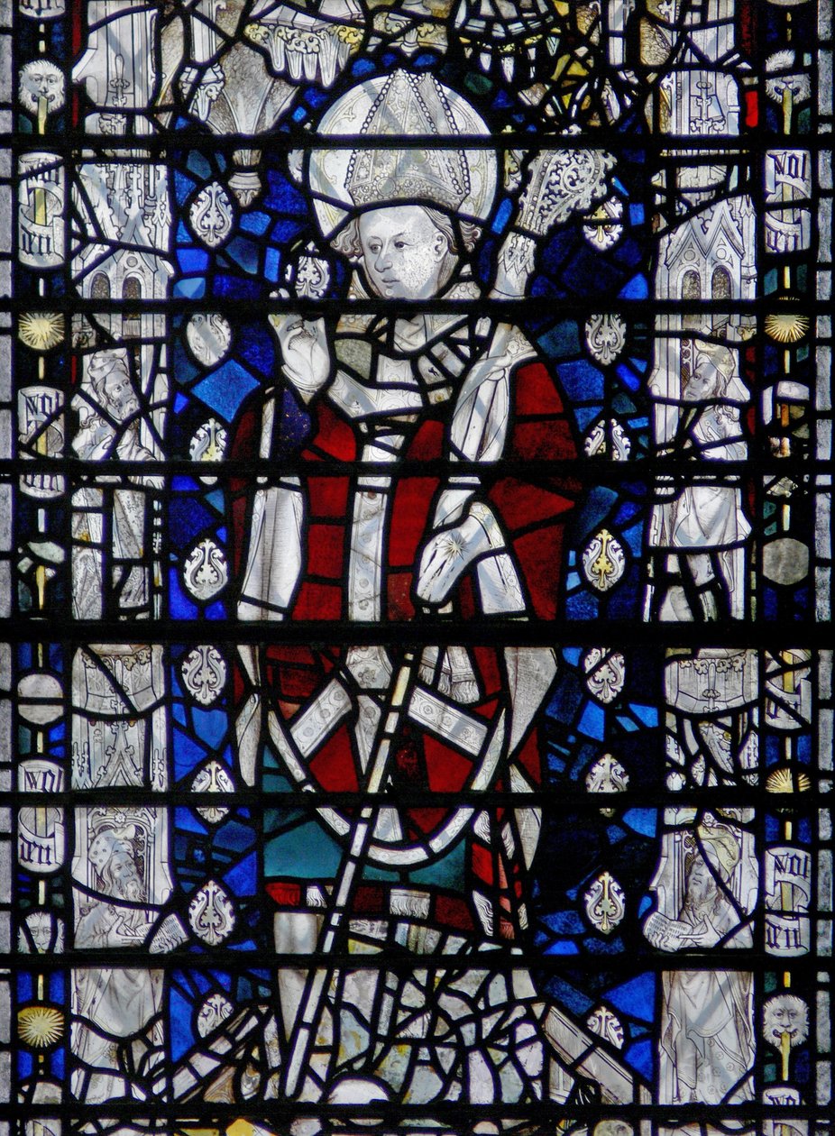 Fenêtre w6 représentant Saint Nicolas ; bordure avec des figures - English School