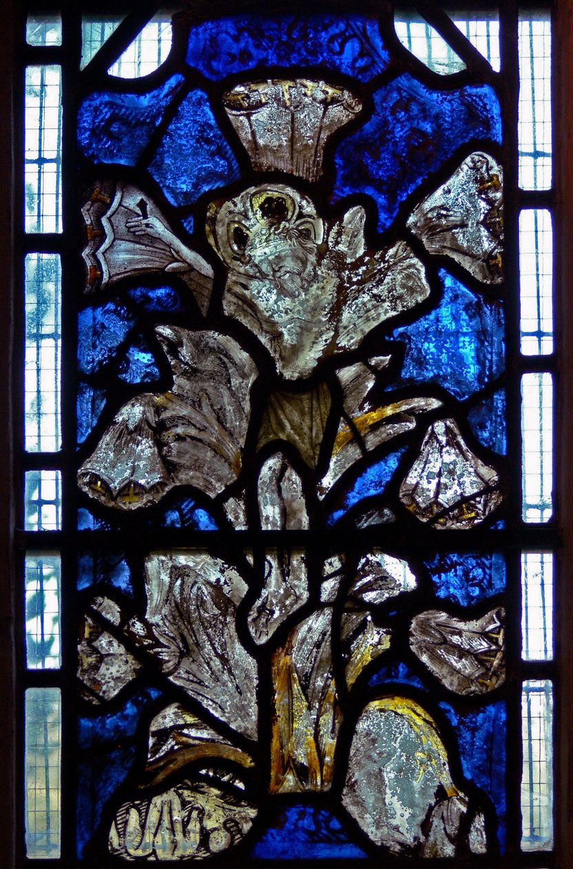 Fenêtre w9 représentant la Crucifixion du Lys : une fusion du lys (symbole de l