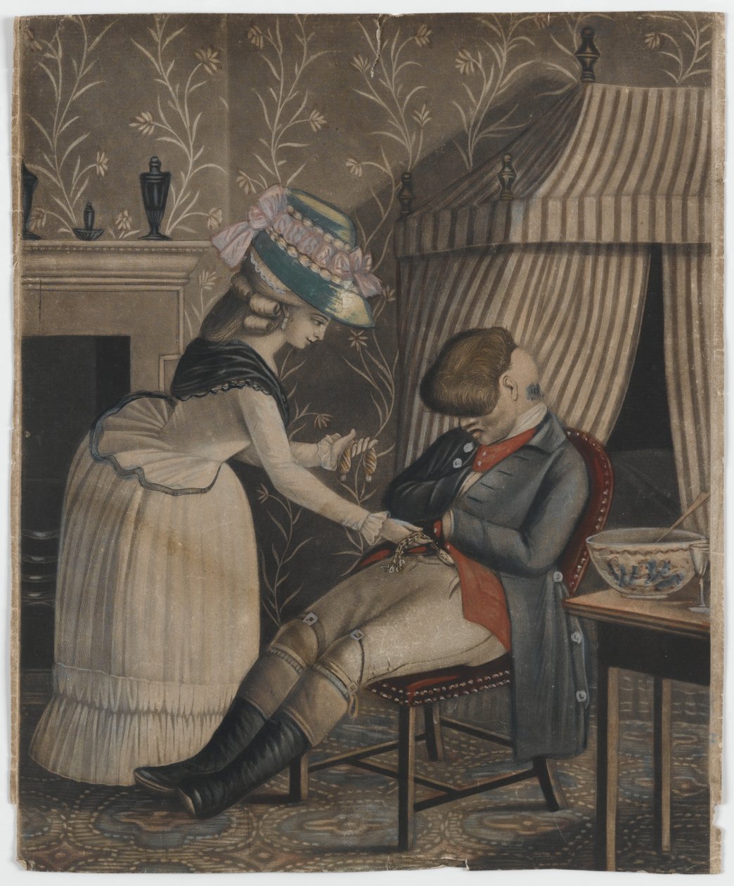 Femme volant une bourse et une montre de poche à un homme endormi, vers 1790 - English School