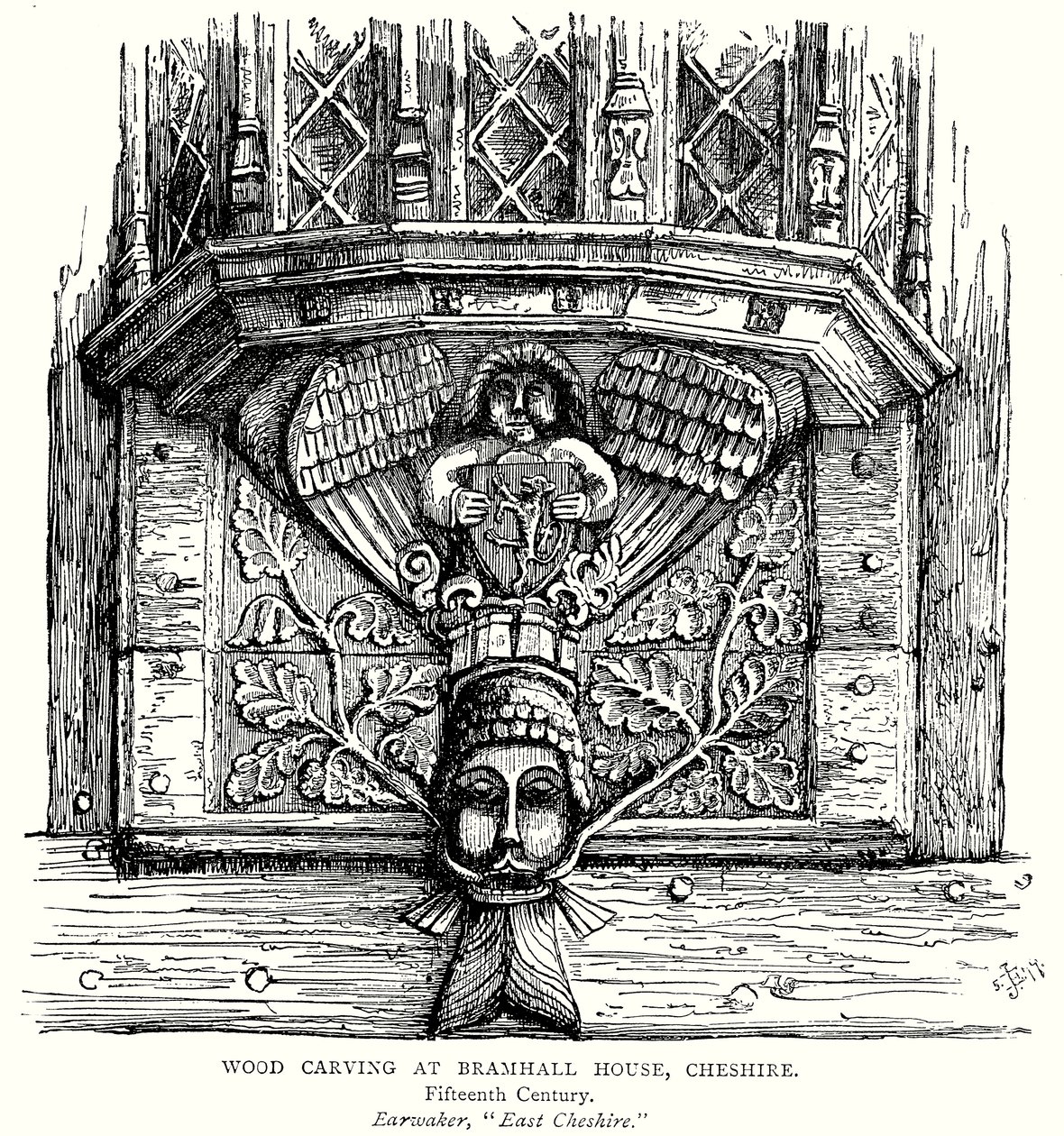 Sculpture sur bois à Bramhall House, Cheshire (gravure) - English School