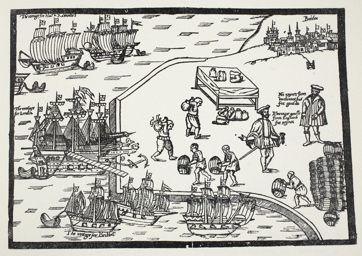 Gravure sur bois illustrant le commerce du vin entre Bordeaux et l