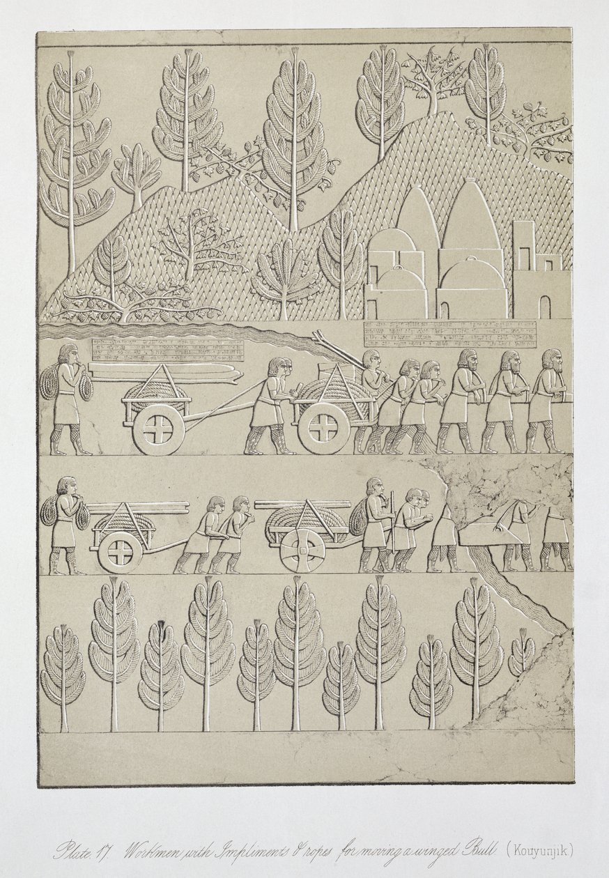 Ouvriers avec des outils et des cordes pour déplacer un taureau ailé, planche 17 de Ninive et ses restes par Austen Henry Layard (1817-94) publié en 1849 - English School