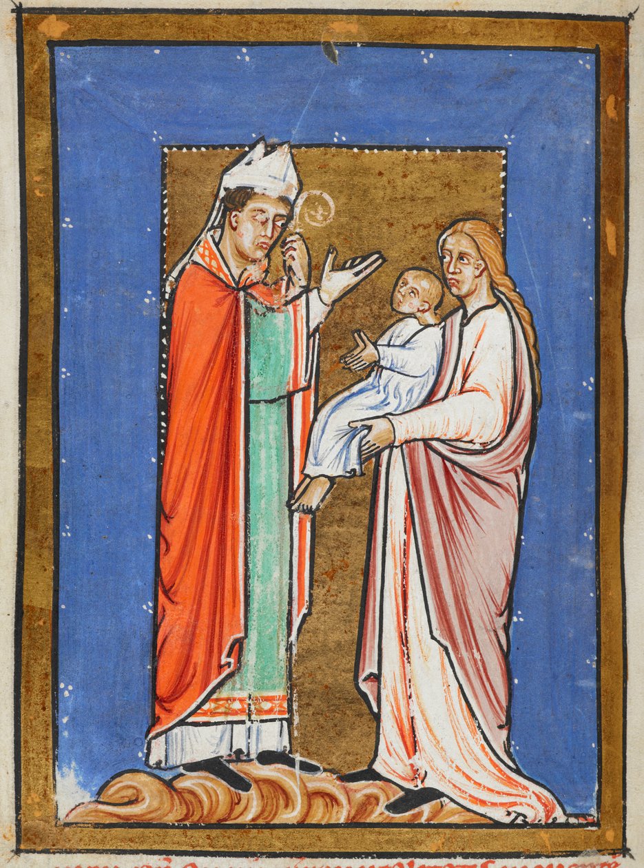 Yates Thompson 26 f.62v Saint Cuthbert guérissant un enfant de la peste, illustration de la 