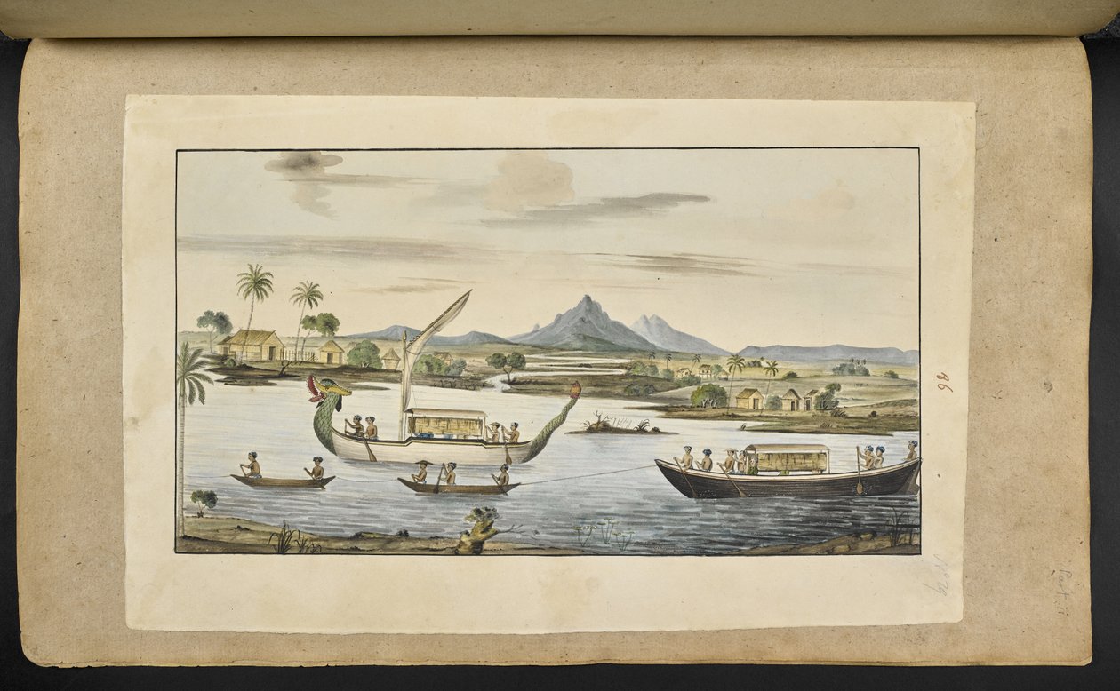 Scène de rivière à Java avec des bateaux, y compris un bateau à tête de dragon - English School