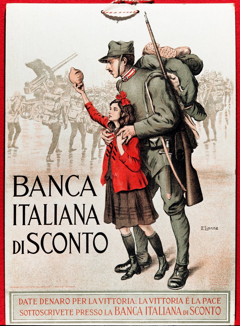 Première Guerre mondiale : affiche italienne encourageant un prêt national représentant un soldat avec une petite fille offrant sa lire - Illustration par Enrico della Leonessa (Lioness) (1875-1921) - Enrico della Lionne