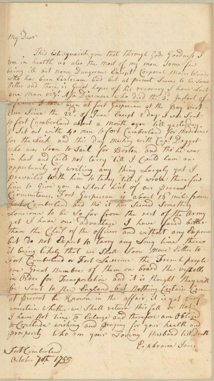 Lettre à Allice Jones, Concord, Massachusetts, 7 octobre 1755 - Ephraim Jones