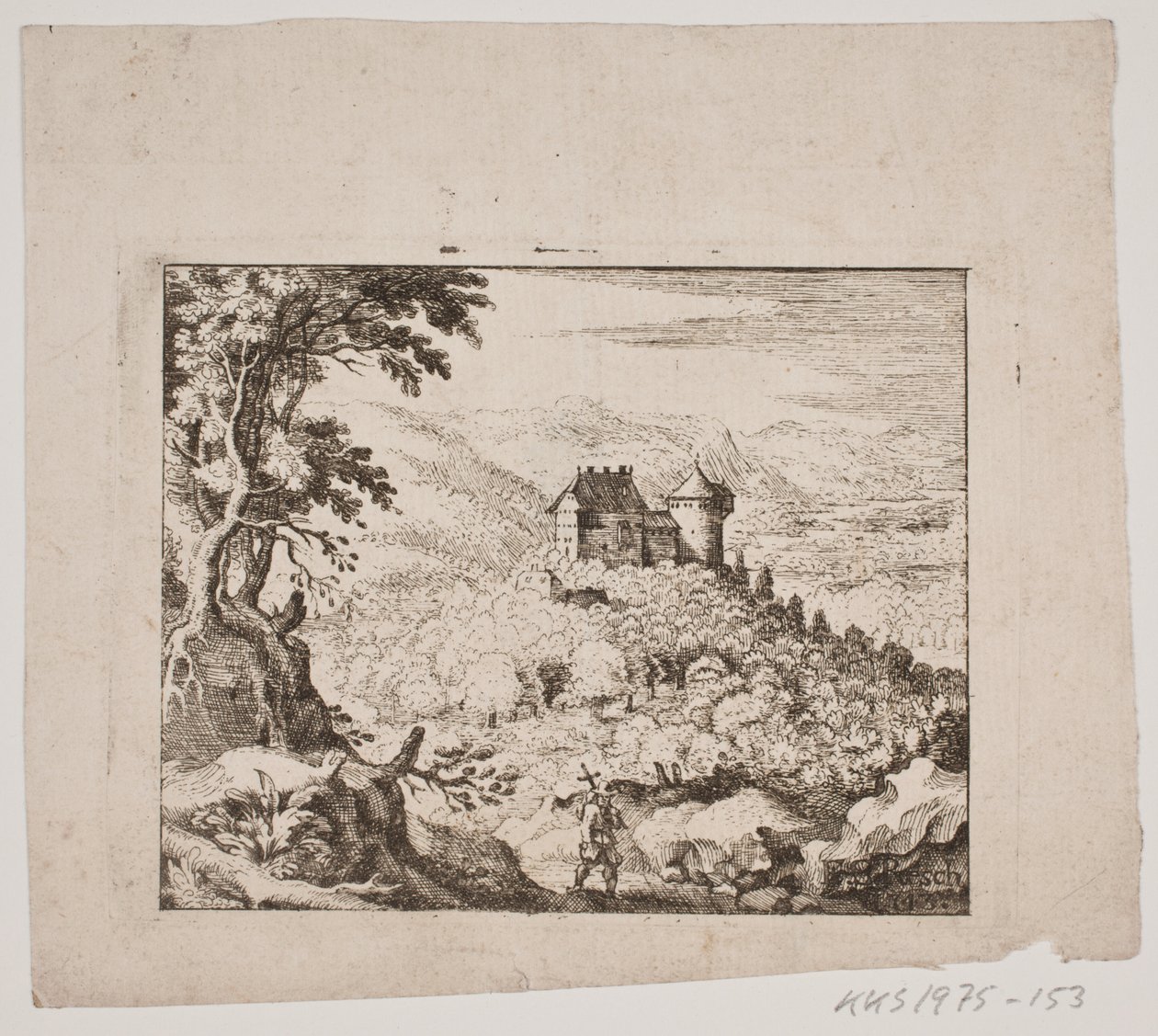 Paysage montagneux avec un château et un randonneur - Erasmus Sigismund Resch