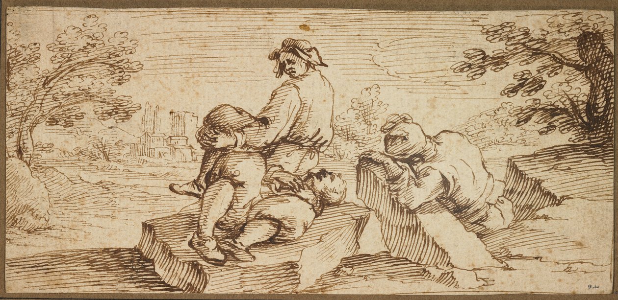Trois figures reposant dans un paysage - Ercole Bazzicaluva