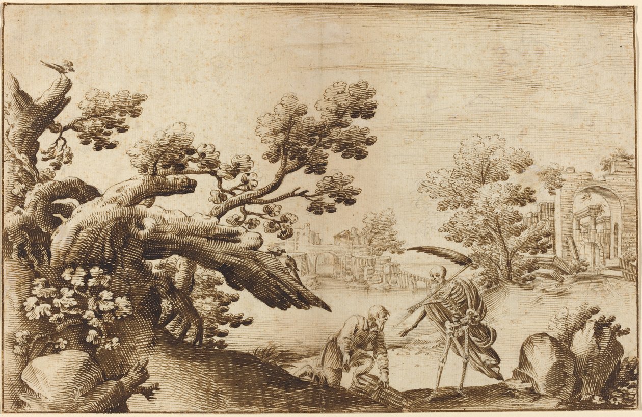 La mort et le bûcheron dans un paysage côtier avec des ruines - Ercole Bazicaluva