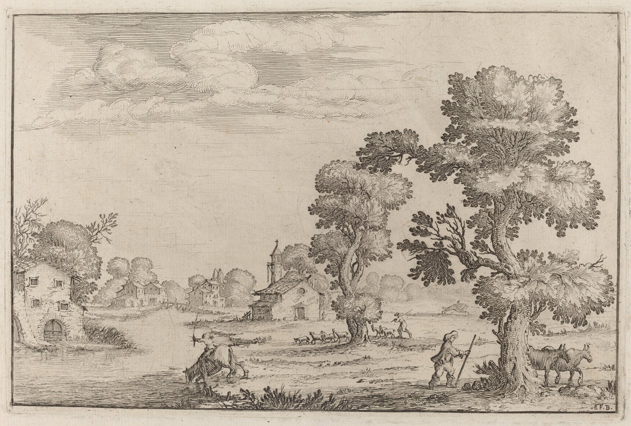 Village au bord du lac avec des bergers - Ercole Bazicaluva